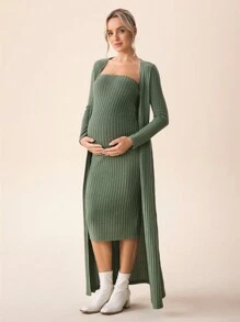 SHEIN Olive Ribbed Sleeveless Dress With Cardigan Maternity 2 Pieces Set, Autumn - Green - View 7