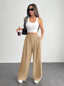 SHEIN PETITE Quần Palazzo cơ bản đơn giản hàng ngày màu trơn dành cho nữ - Màu Khaki - Xem 4