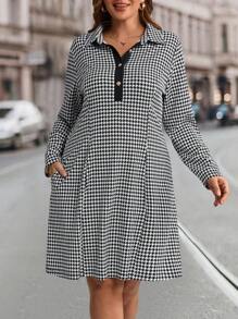 EMERY ROSE Große Größen vintage Hahnentrittmuster Knopfverschluss Halbkrempelkragen Kleid, Herbst - Schwarz und Weiss - Übersicht 8