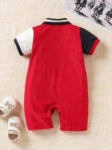 Souflis Souflis بدلة رومبير قصيرة الأكمام مخصصة للأطفال الصغار الذكور، مثالية للإستخدام اليومي، تحتوي على تطريز على الياقة، مناسبة للرحلات الربيعية/ الصيفية - الأحمر - مشاهدة 2