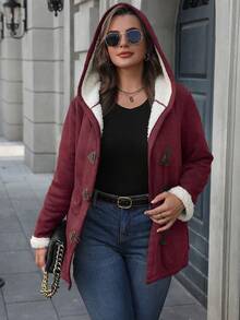 SHEIN LUNE 大码蓬松面板前扣长袖休闲连帽衫夹克新年服装，冬季 - 紅色 - 查看 3