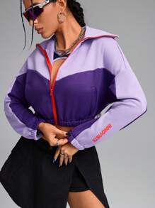 Innovista Women Cropped Loose Fit Zip Up Colorblock Sports Jacket, Windproof Jacket, Autumn Matching Outfits Workout Gym & Daily Casual Workout Jacket,Camping Running Outdoor,Going Out Tops ,Back To School,Zip Up Jacket,Cropped Sweatshirt,Workout Women Tops,Fall Woman Outfits,Purple Jacket,Cold Weather Clothes