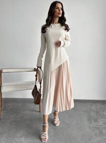 秋季女式优雅简约休闲褶皱不对称下摆衬衫 - 杏色 - 查看 3