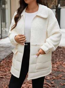 SHEIN Frenchy Plus Size Women's Winter Solid Color Drop Shoulder Long Sleeve Patchwork Fleece Casual Padded Coat - Apricot - View 3