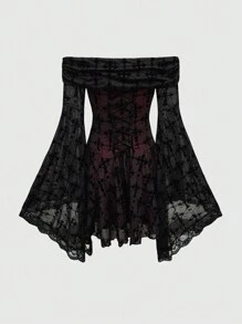 ROMWE Romantic Vintage Palace Gothic Cross Flocked Strap Midi Dress, For New Year - Black - View 2