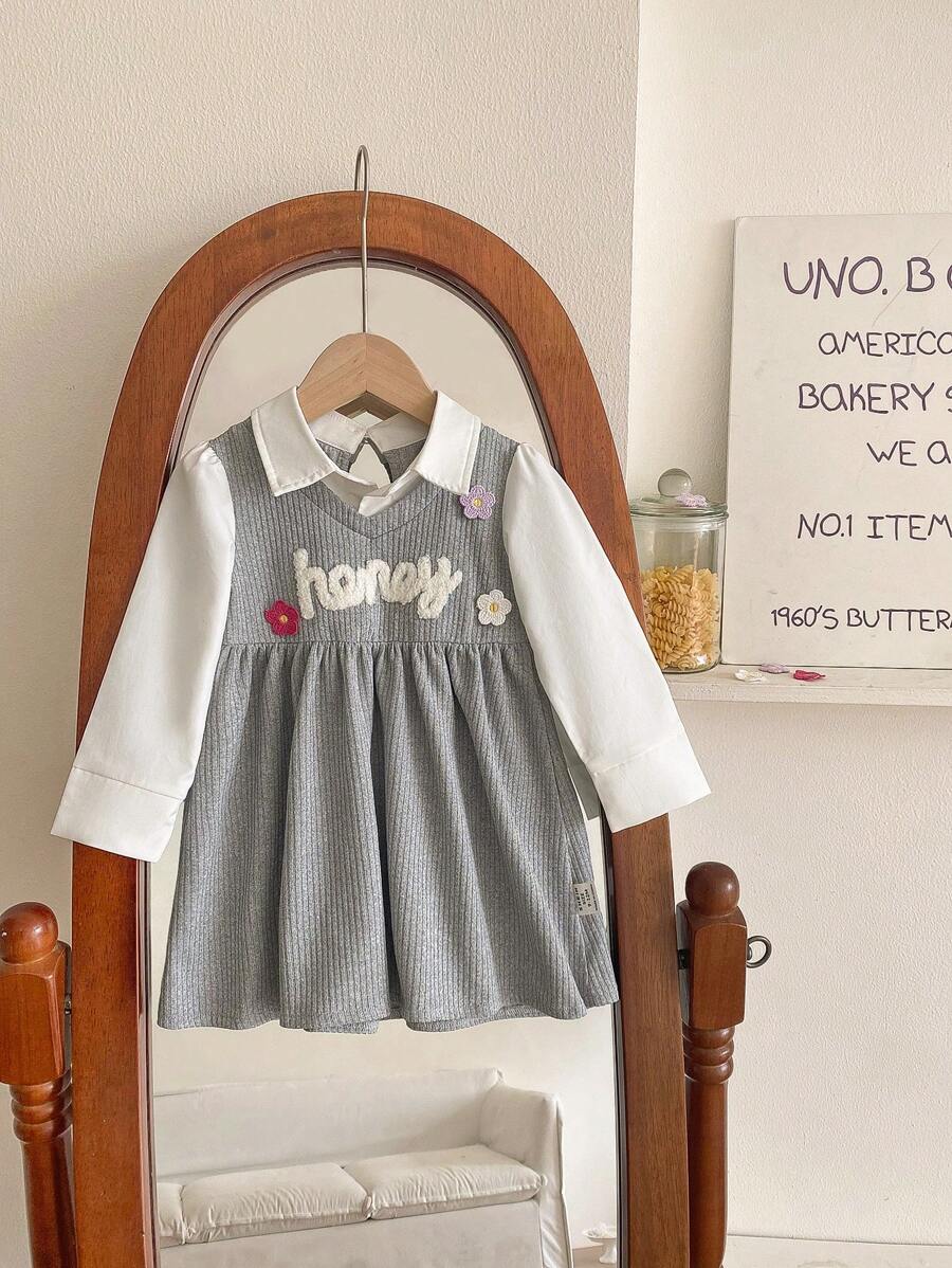 Vestido casual ajustado de niña pequeña, de grosor medio en gris, para actividades y salidas, para primavera/otoño - Gris - Ver 1