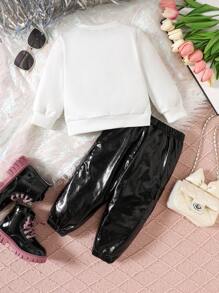 Baby Girl Graphic Print Round Neck Long Sleeve Top And Pants Casual 2 Pieces Set - Black - View 2