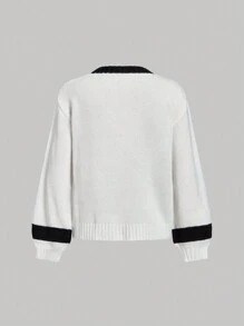 SHEIN MOD 女士撞色V领长袖字母图案毛衣，简约设计，秋冬毛衣，印花毛衣，感恩节上衣 - 白色 - 查看 2