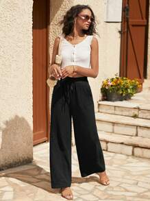 SHEIN Frenchy Drawstring Waist Wide Leg Trousers - Black - View 5