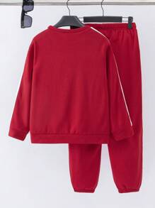 SHEIN 2pcs/Set Kids Tween Boy Casual Sports Fluorescent Trim Long Sleeve Crew Neck Sweatshirt & Long Pants Knit Suit, Suitable For Commuting, School, Daily, Vacation, Sports,Season: Spring, Summer, Autumn, Winter, Fabric: Fleece, Thickened - Red - View 2