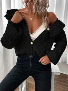 SHEIN Privé Áo khoác cardigan dài tay đơn hàng khuy đơn giản viền bèo nhún màu trơn cho nữ, mùa thu/đông - màu đen - Xem 3