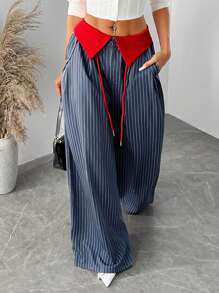 SHEIN SXY Quần kẻ sọc buộc eo quyến rũ & thanh lịch cỡ lớn dành cho nữ, phù hợp để mặc hàng ngày, công sở, đi làm, thanh lịch, giản dị, mua sắm, dạo phố, đi chơi, sang trọng, đơn giản & đa năng, dễ phối đồ, tôn dáng, tôn dáng - Nhiều màu - Xem 1