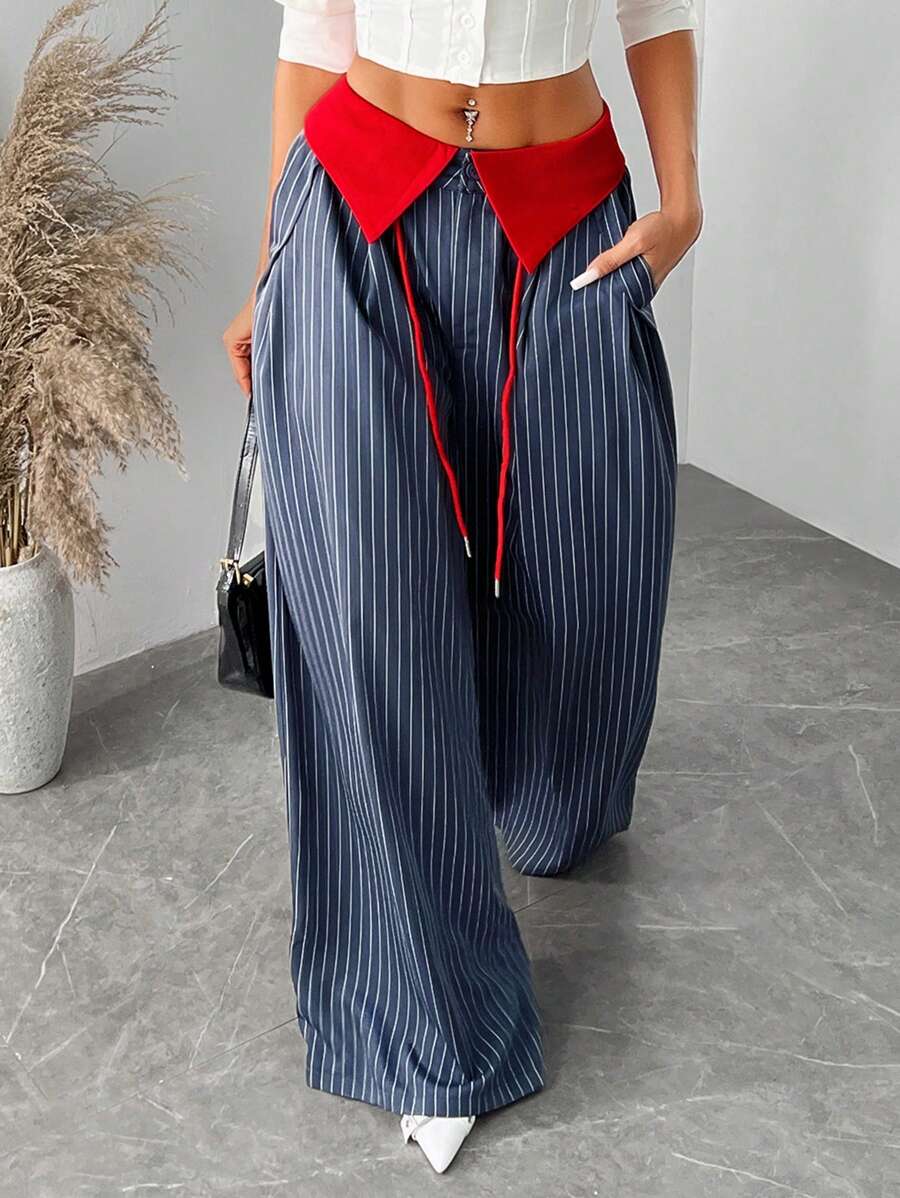 SHEIN SXY Quần kẻ sọc buộc eo quyến rũ & thanh lịch cỡ lớn dành cho nữ, phù hợp để mặc hàng ngày, công sở, đi làm, thanh lịch, giản dị, mua sắm, dạo phố, đi chơi, sang trọng, đơn giản & đa năng, dễ phối đồ, tôn dáng, tôn dáng - Nhiều màu - Xem 1