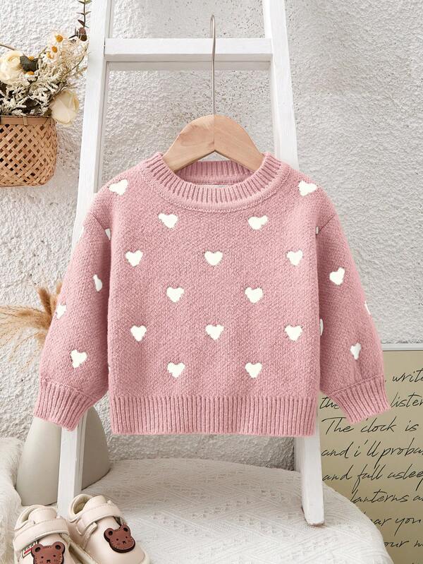 SHEIN Baby Girl Autumn/Winter All-Match Lovely Heart Pattern Knit Long Sleeve Sweater