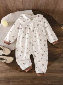 SHEIN LMoss Kids LMoss Newborn Baby Girl Ditsy Floral Knit Romper With Peter Pan Collar, Autumn/Winter