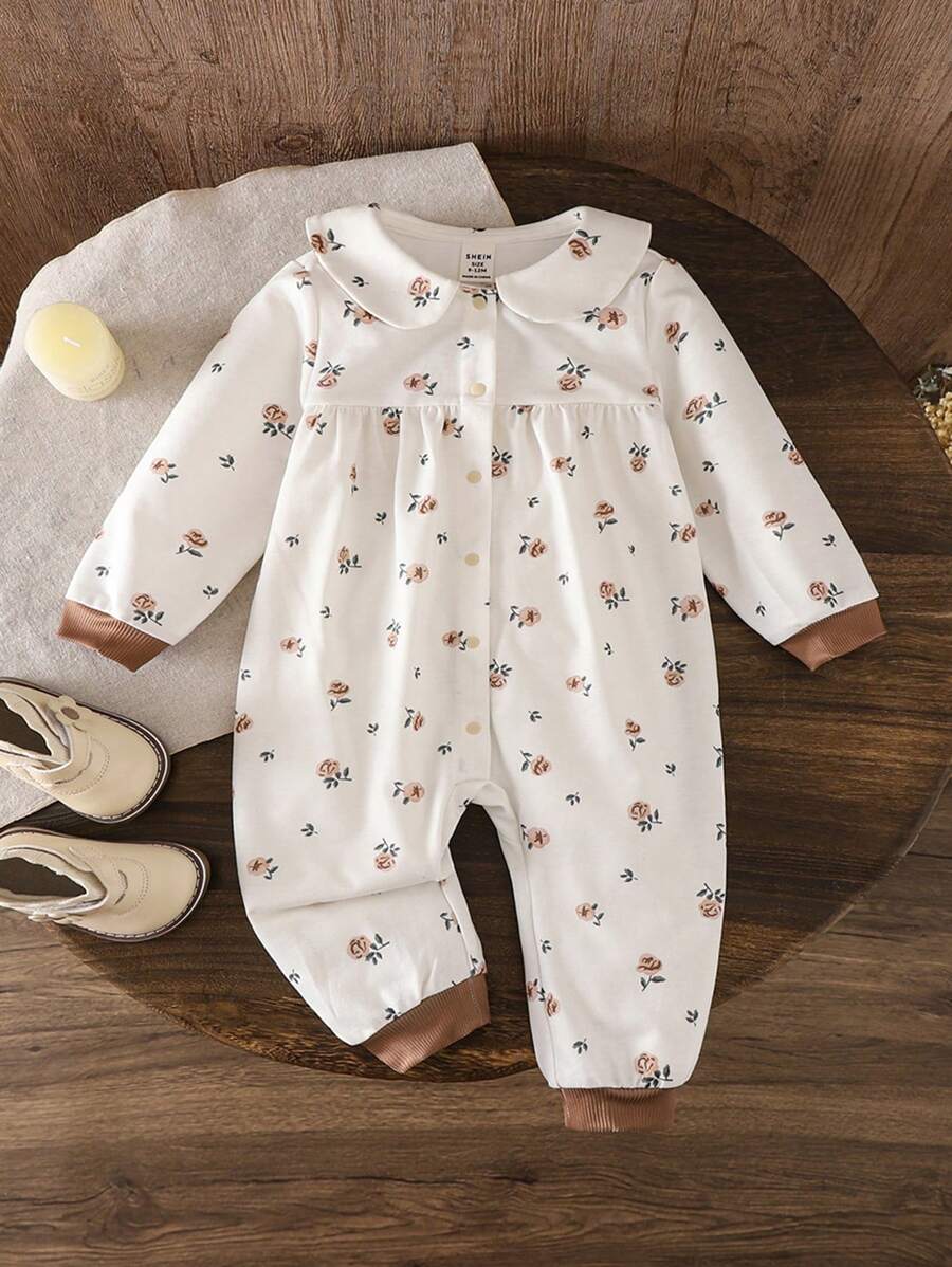 SHEIN LMoss Kids LMoss Newborn Baby Girl Ditsy Floral Knit Romper With Peter Pan Collar, Autumn/Winter