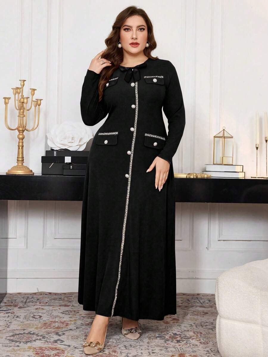 Modelyn 加大码罗纹蝴蝶结装饰 A 字长袖休闲连衣裙适合春秋季长款女士装长款晚礼服 - 黑色 - 查看 1