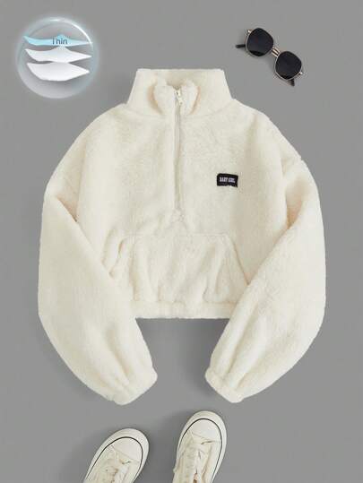 SHEIN EZwear Roupas de verão femininas, moletom de lã branca com zíper e design de letras, blusas de manga comprida no outono/inverno