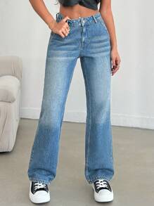 EURMUSE 低腰染色口袋装饰休闲百搭直筒牛仔裤 - 中等水洗藍 - 查看 6