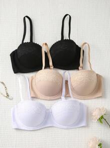 3pcs/Set Sexy & Romantic Lace Patchwork Solid Color Underwire Bra Set For Women - Multicolor - View 1