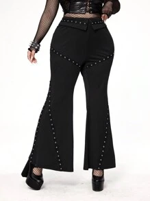 Whyspr Dark Punk Goth Style Niche Fashion Design Chic New Versatile Splicing Eyelet Lace-Up Black Flared Pants For Women - Black - View 6