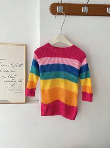 SHEIN LMoss Kids LMoss Baby Girl Colorful Stripe Long Sleeve Sweater Dress, For Autumn & Winter