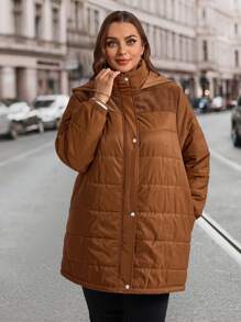 EMERY ROSE 大码新年纯色连帽长袖棉衣，女士冬季外套 - 咖啡棕 - 查看 6