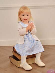 SHEIN 2pcs Baby Girl Toddler 0-3Y Elegant Cute Princess/Lady European Style Royal Member Ditsy Floral Ruffled Dress & Striped Knitted Cardigan 2pcs Outfit, Blue & White Fresh Set - Blue - View 4