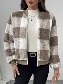 SHEIN Privé 女式格子羊毛拉链棒球夹克，秋冬款 - 棕色 - 查看 5