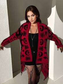 Flirla Plus Size Open Front Long Sleeve Graphic Detail Minimalist Cardigan, Casual Everyday Wear, Winter