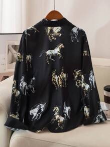 CosyJoli 大码女装秋冬时尚优雅艺术马印花黑色长袖纽扣衬衫，秋季女装，黑色上衣，女式衬衫，工作服，职业装，长袖图案衬衫，商务休闲女装 - 黑色 - 查看 2