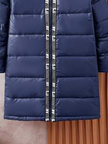 SHEIN Leap Crew Tween Boy Two-Tone Letter Ribbon Long Padded Coat, Warm For Winter - Navy Blue - View 3