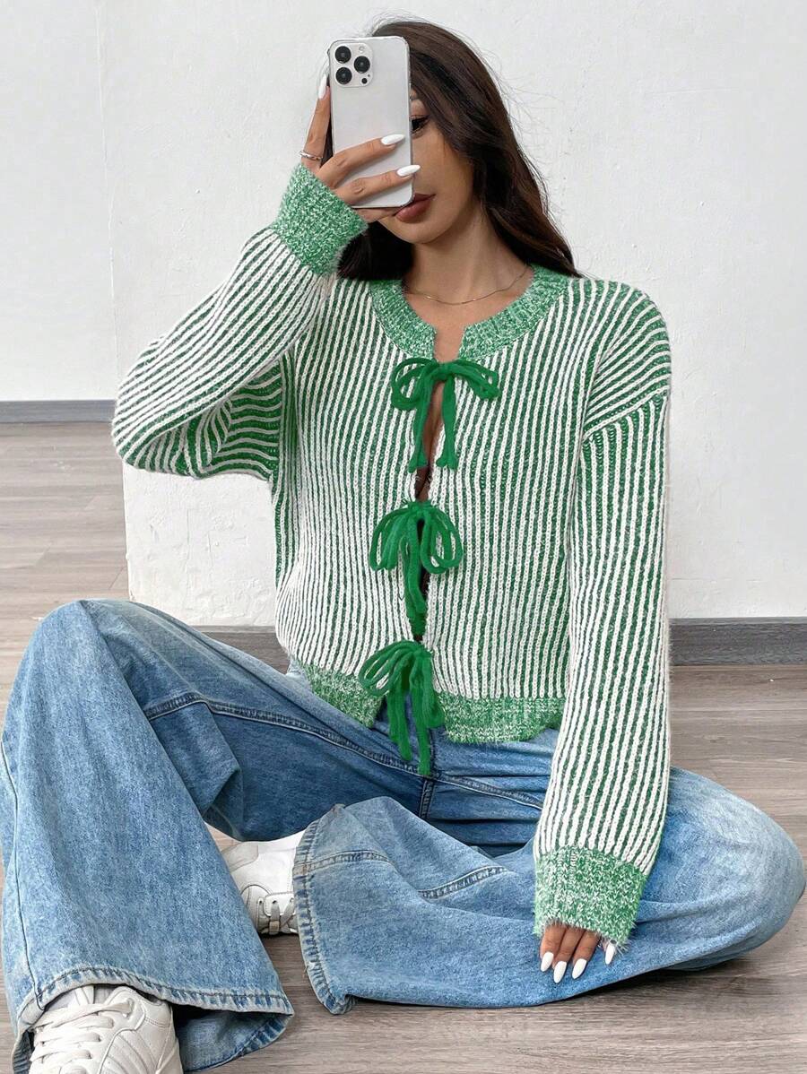 SHEIN Unity 女士休闲前系带长袖衬衫,简约风格,适合日常穿着 - 綠色 - 查看 1