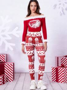 THE POLAR EXPRESS X SHEIN 冬季红色打底裤，火车图案，麋鹿图案，雪花图案，圣诞树图案，休闲，高弹性，舒适，基本款，羊毛打底裤，节日，除夕