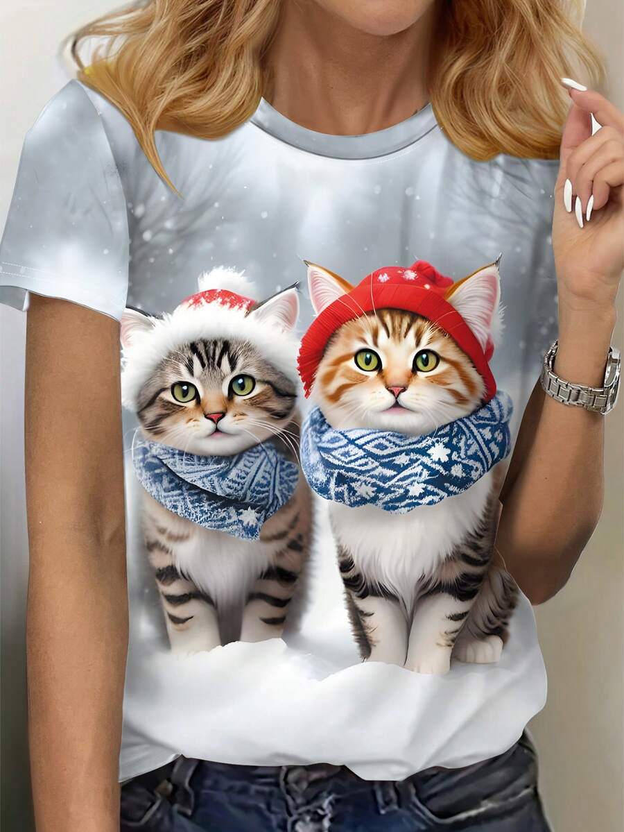 SHEIN LUNE Christmas Cat Graphic Print Fitted Short Sleeve TShirt