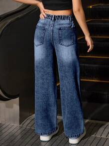 Sparklyn 少女 Y2K 大胆时尚，校园精神全年必备时尚单品，休闲日常百搭舒适宽松直筒水洗牛仔裤 - 深色水洗藍 - 查看 2