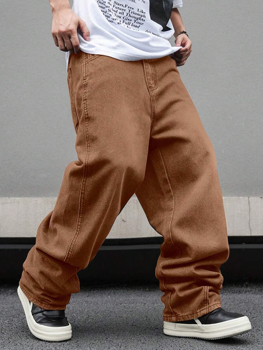 Manfinity EMRG Men's Pocket Loose Wide Leg Casual Versatile Jeans - Brown - View 1