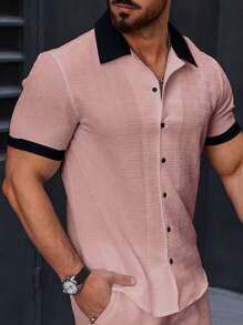 Manfinity Homme Áo sơ mi nam tay ngắn rộng rãi, đơn hàng khuy màu tương phản - Hồng - Xem 3