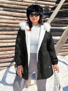 SHEIN EZwear 大码女式保暖夹棉大衣，黑色，适合寒冷天气，适合冬季 - 黑與白 - 查看 5