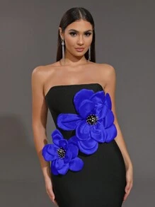Glamrae Elegantes schwarzes trägerlose Kleid mit hoher Taille, figurbetonter Meerjungfrauenform und Blumen Dekor, elastisches Bandagendesign, für Dates, Single-Partys, Hochzeiten, festliche Abendveranstaltungen - Verschiedenfarbig - Übersicht 2