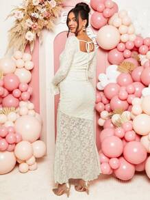 Loomaby Pregnant Women Square Neck Lace Patchwork Pleated Elegant Long Sleeve Dress, For Baby Shower Party, Maternity - Khaki - View 2