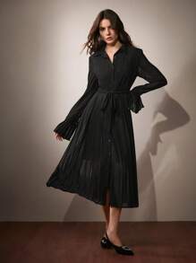 Anewsta 女士秋季衬衫领褶皱喇叭袖系腰连衣裙长款女装