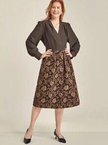 SHEIN Clasi 1 件女士休闲优雅 V 领提花及膝连衣裙，适合秋季 - 棕色 - 查看 4