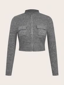 Slaydiva Plus Size Women Solid Color Ribbed Flap Pocket Zip Up Fitted Cropped Top