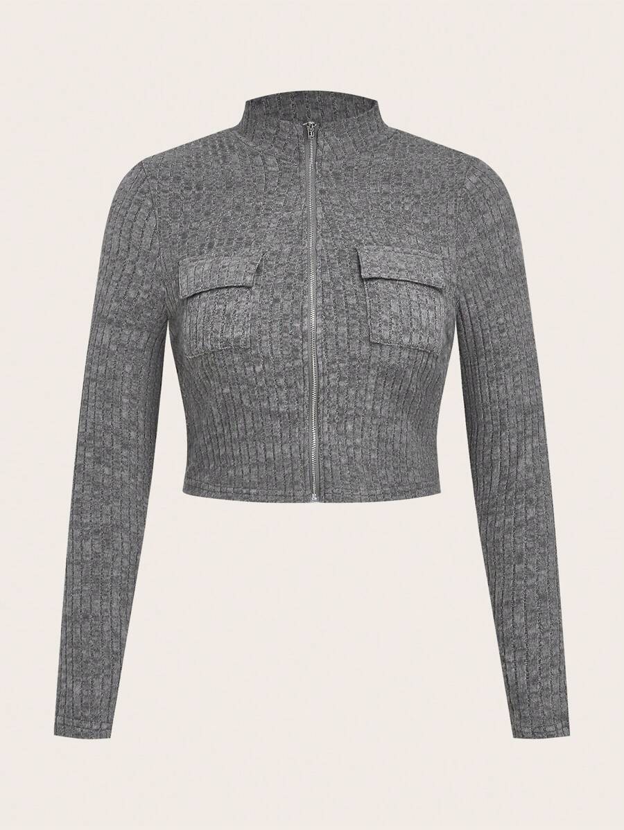 Slaydiva Plus Size Women Solid Color Ribbed Flap Pocket Zip Up Fitted Cropped Top