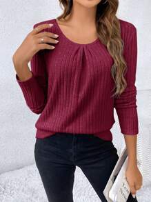 SHEIN Frenchy Women Solid Color Lace Splice Ribbed Long Sleeve Casual T-Shirt, Autumn - Burgundy - View 3