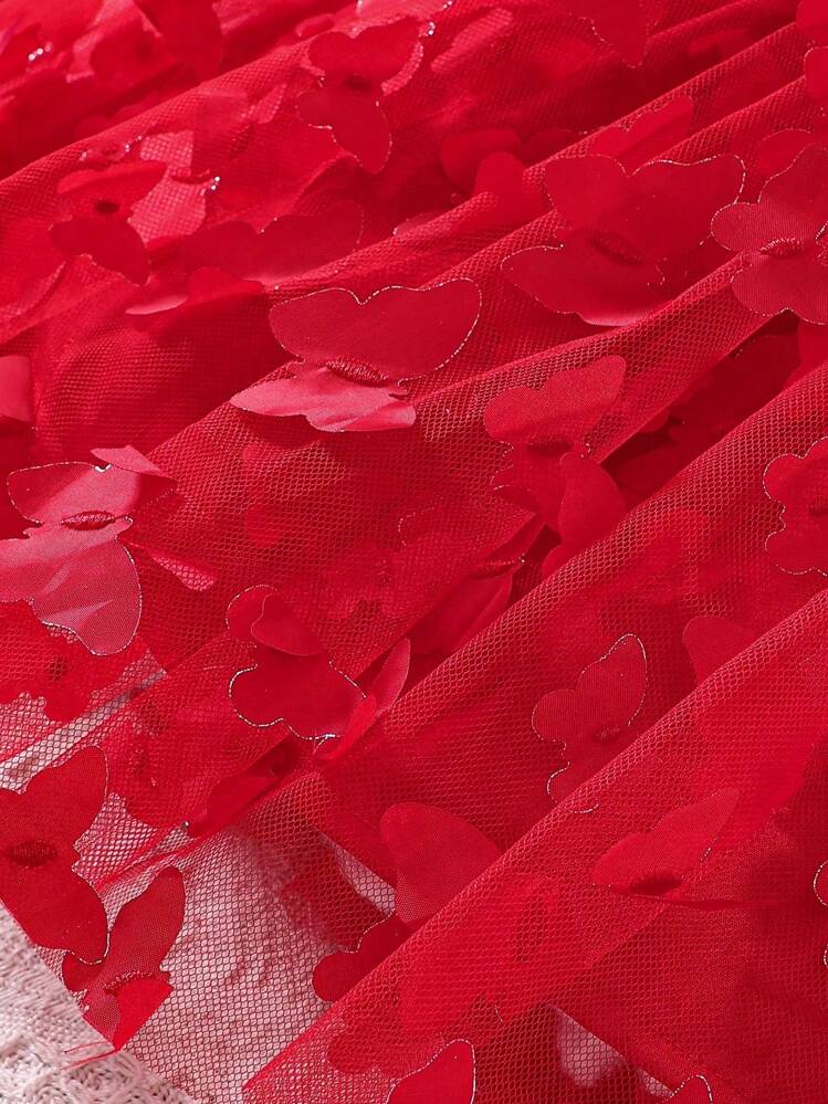 SHEIN فستان كامي فراشة مزين شبكي شامل للبنات الاطفال - الأحمر - مشاهدة 7