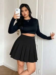 SHEIN EZwear Plus Size Women Solid Color Pleated Zip Closure Casual Mini Skirt