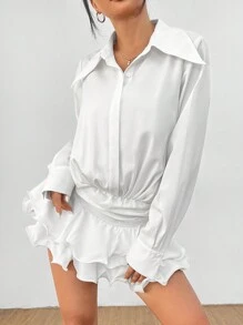 SHEIN PETITE Women's Holiday Daily Pointed Collar Chiffon Lining Ruffle Shirt Ultra Short White Shirt Dress Suitable For Commuting And Dating - White - View 6