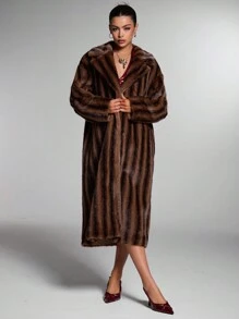 SHEIN BAE Áo khoác dài nữ phong cách đường phố, hai tông màu kẻ sọc, cổ ve áo xù, màu nâu sô cô la cổ điển, áo khoác lông xù cho mùa thu/đông, áo khoác dày dặn ấm áp và thân thiện với da, thích hợp cho tiệc Giáng sinh, Lễ Tạ ơn hoặc các dịp lễ khác. - Cà phê nâu - Xem 2